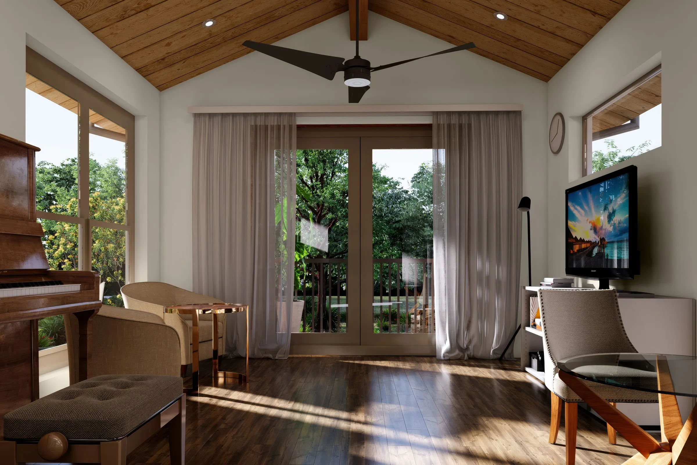 Tropical Living Room Pitched Ceiling — residential 3D rendering by Praxis Studio