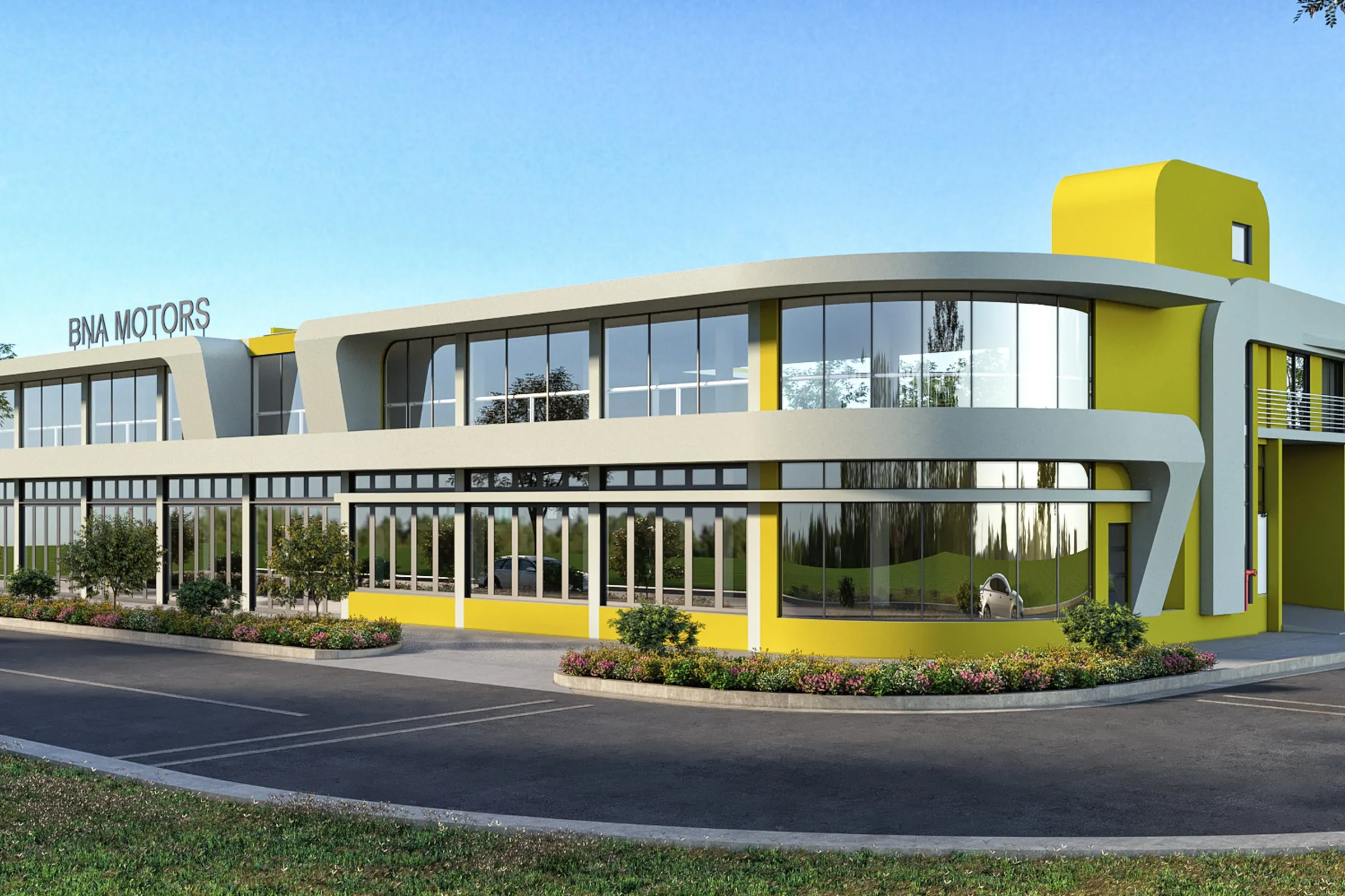Bna Motors Showroom — retail 3D rendering by Praxis Studio
