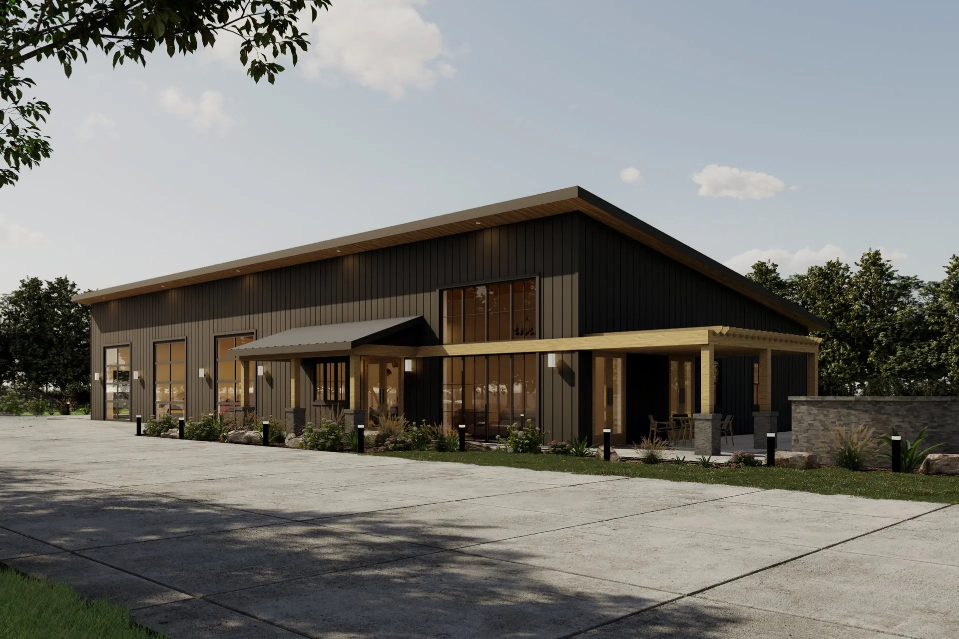 Dark Barndominium Retail — retail architectural visualization, view 1