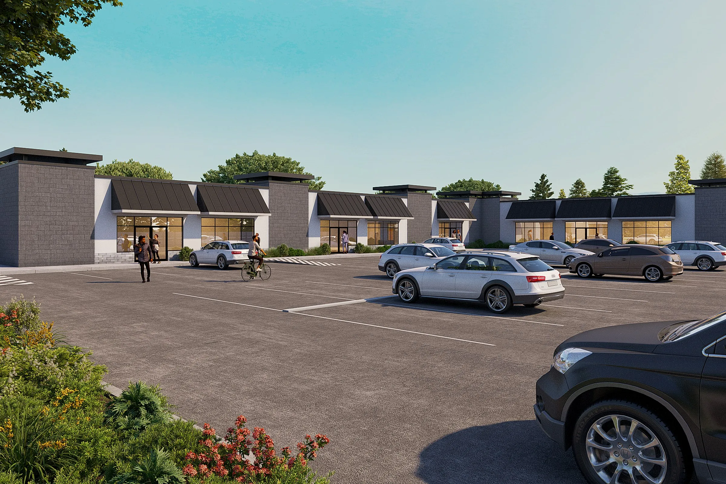 Gray Modern Strip Mall — retail 3D rendering by Praxis Studio