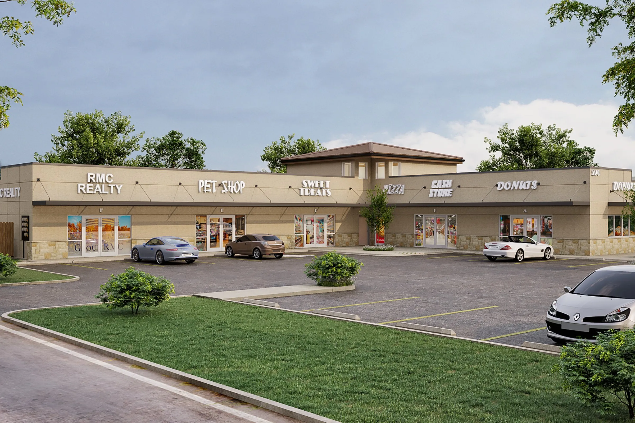 Multi Tenant Strip Mall — retail 3D rendering by Praxis Studio