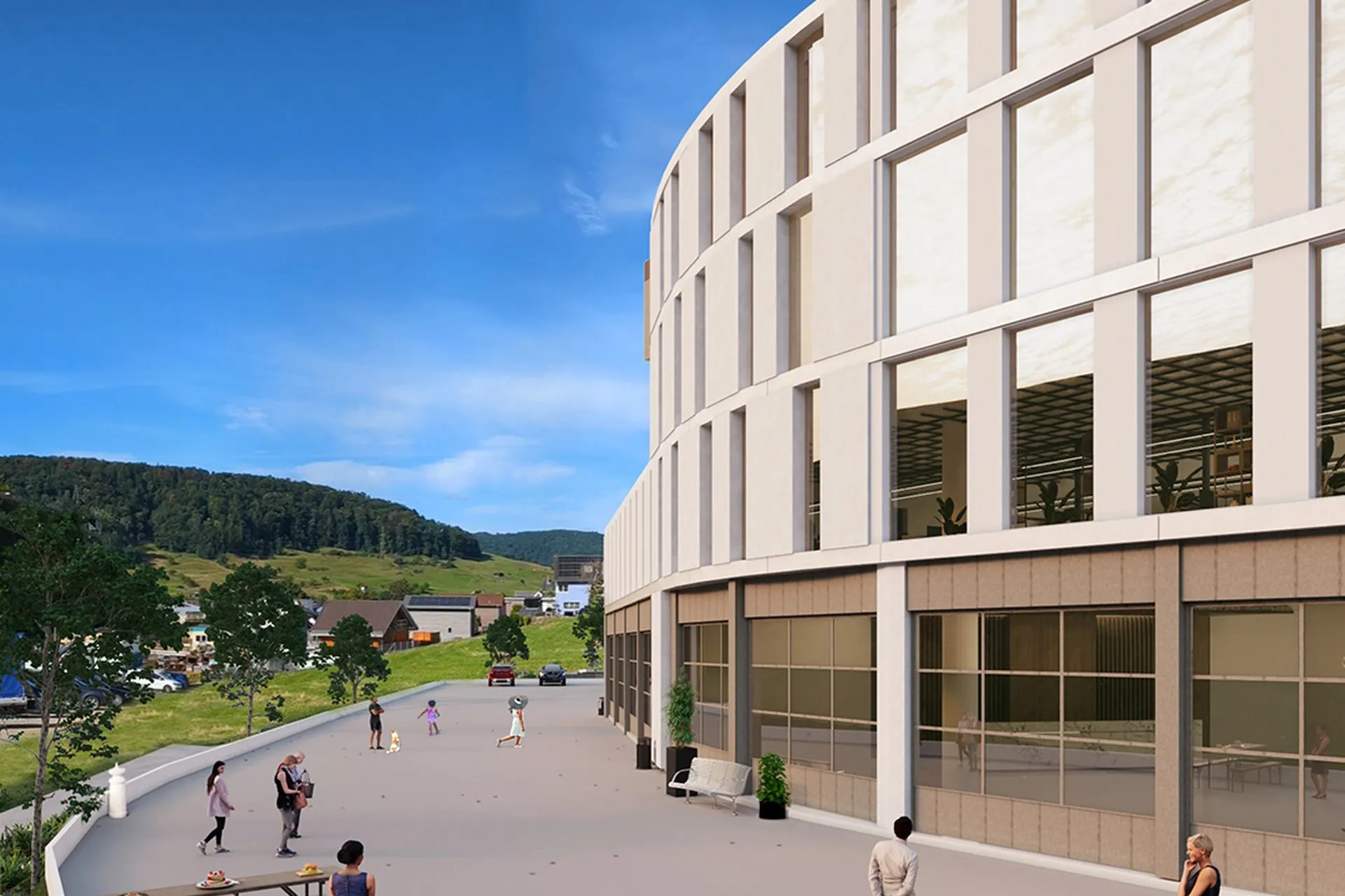 Swiss Hillside Commercial Center — retail architectural visualization, view 1