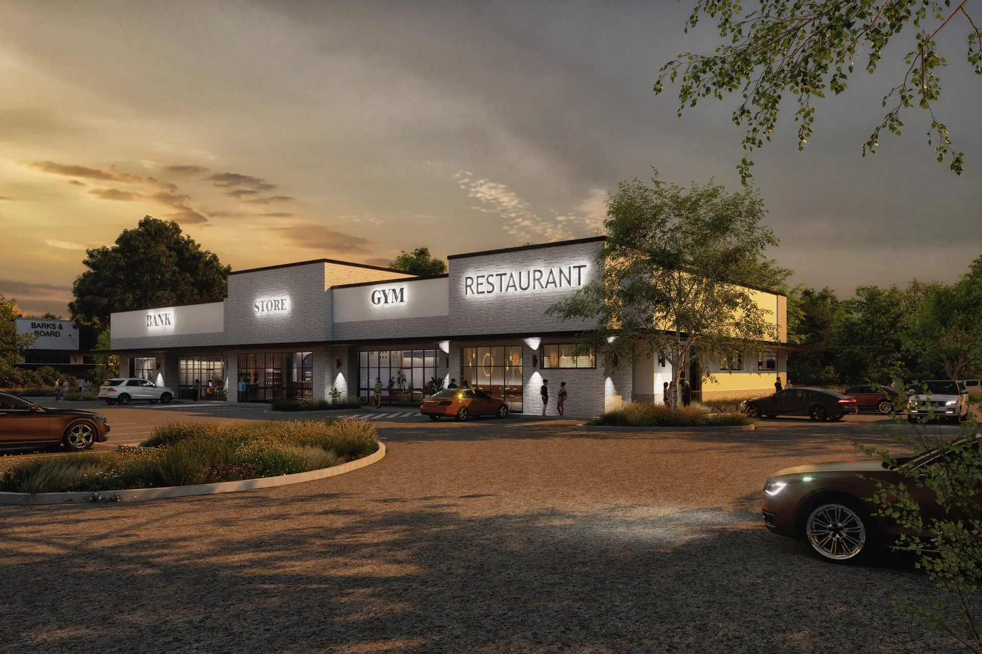 White Brick Strip Mall — retail architectural visualization, view 2
