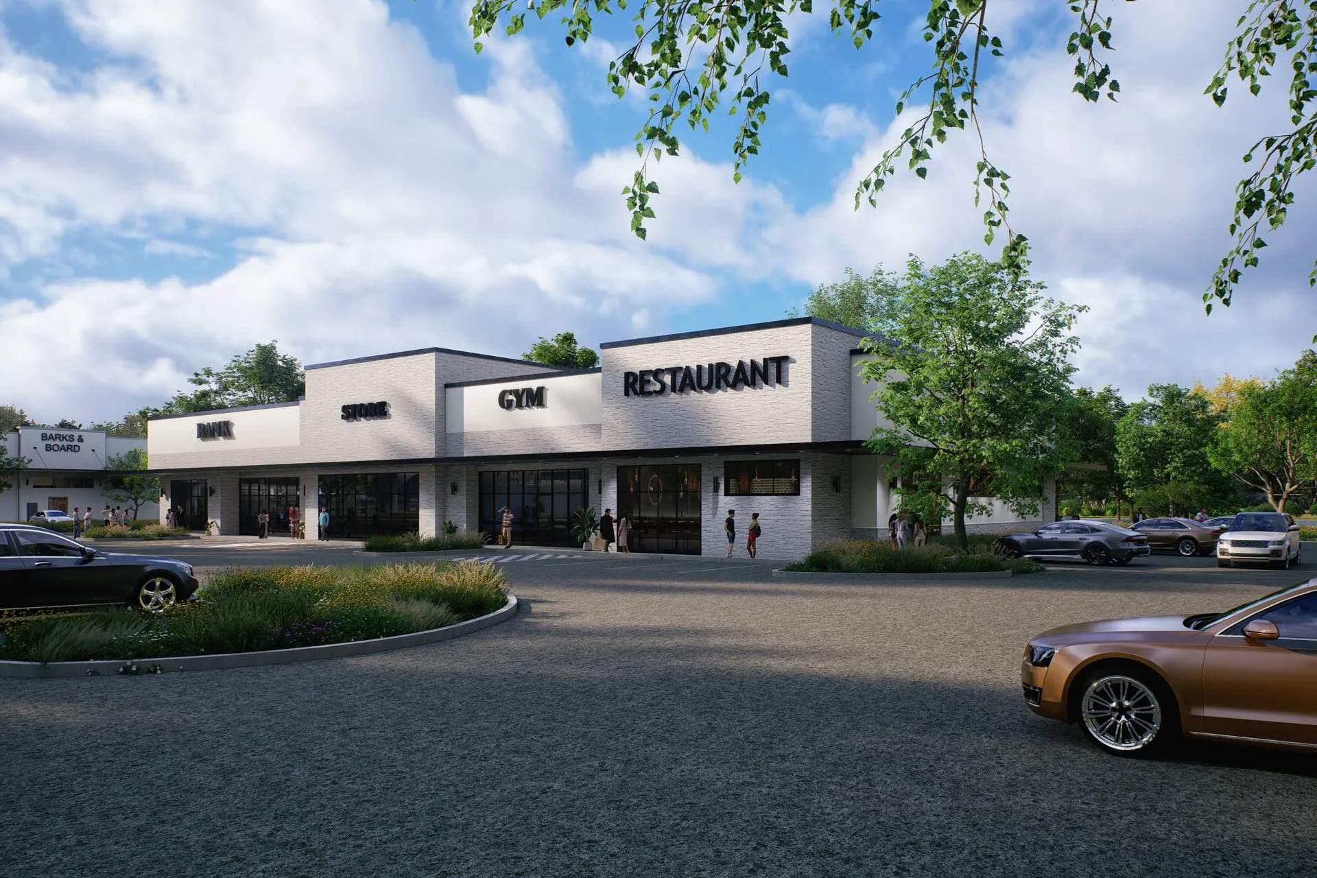 White Brick Strip Mall — retail architectural visualization, view 3