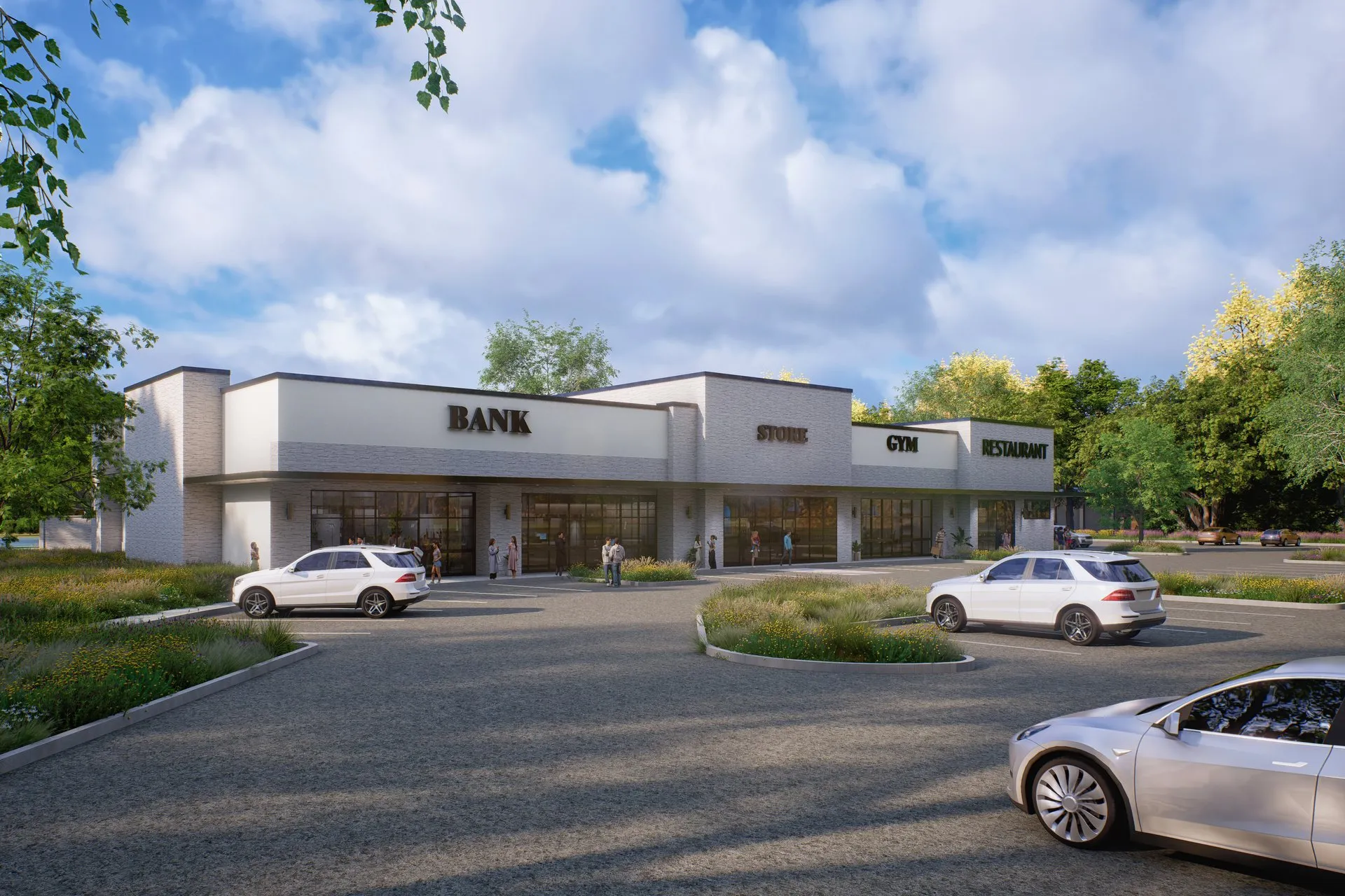 White Brick Strip Mall — retail architectural visualization, view 4