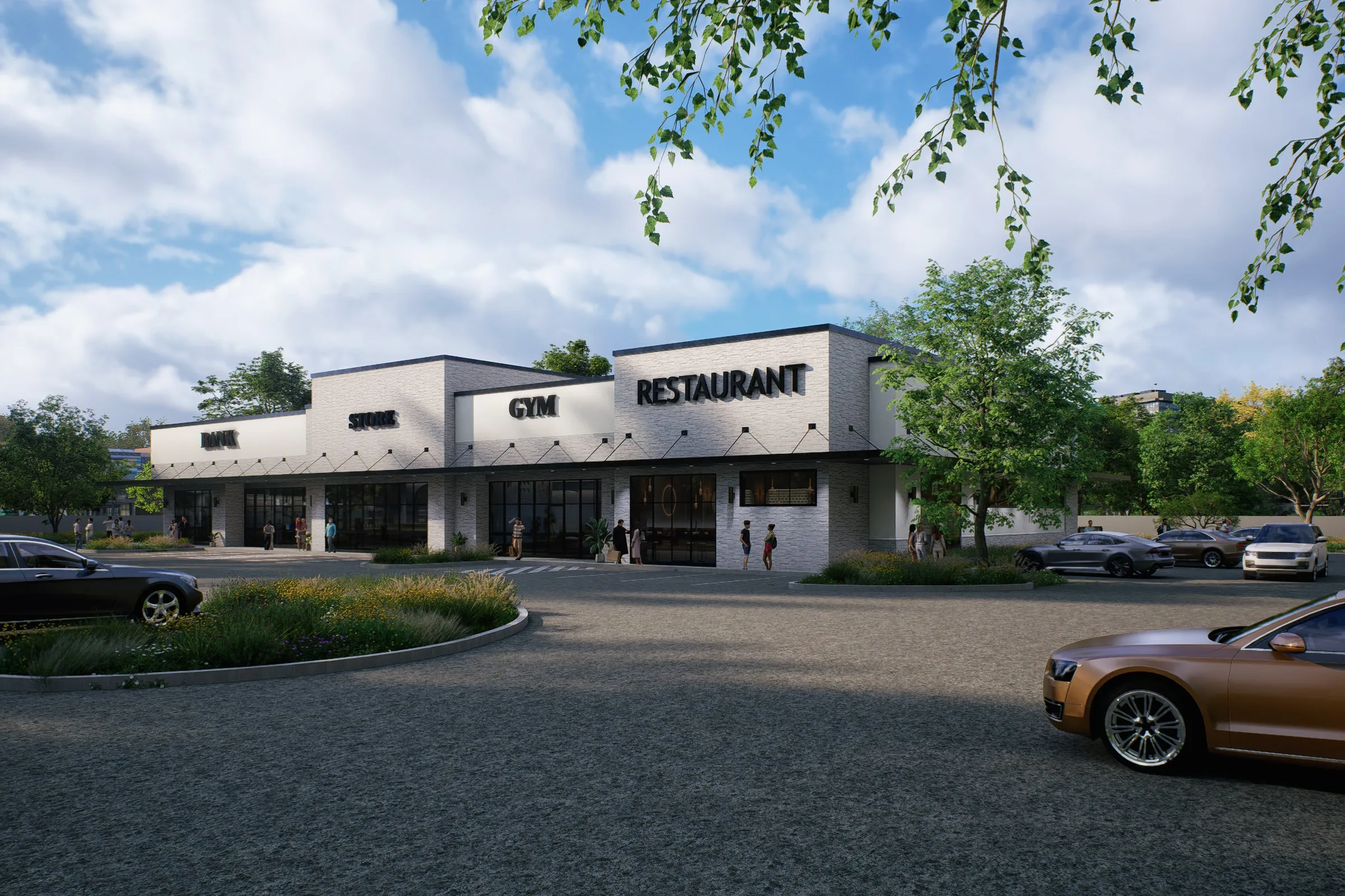 White Brick Strip Mall — retail 3D rendering by Praxis Studio