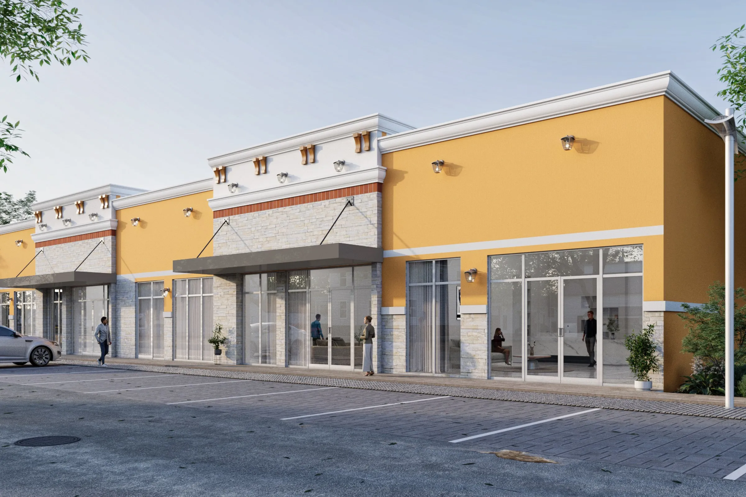 Yellow Stucco Strip Mall — retail 3D rendering by Praxis Studio