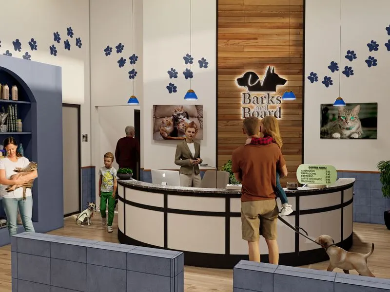 Barks and Board Pet Resort — retail 3D rendering