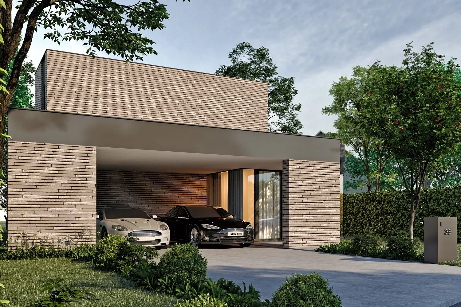 Photoreal modern brick villa at dusk, framed by an overhanging tree branch across the top of the frame